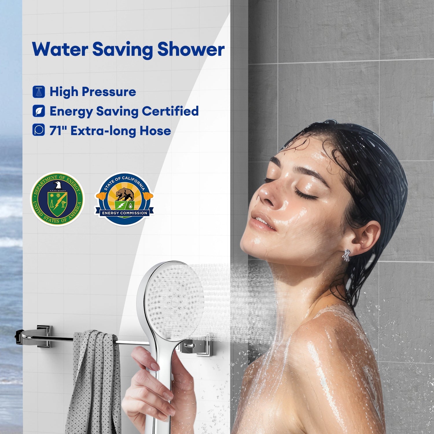 Enjoy a high-pressure shower with the JOMOO handheld shower head, featuring 5 settings and a built-in power spray. Certified for energy savings and equipped with a 71" extra-long hose, this eco-friendly option enhances your shower experience while conserving water.