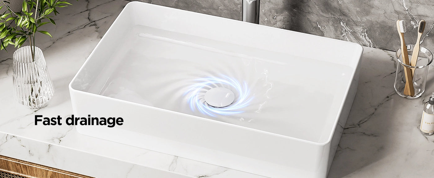 The JOMOO 22.44" rectangular ceramic vessel sink is designed for rapid drainage, ensuring optimal efficiency in your bathroom space. Its sleek design and easy-to-clean surface make it a practical and stylish choice for modern bathrooms.