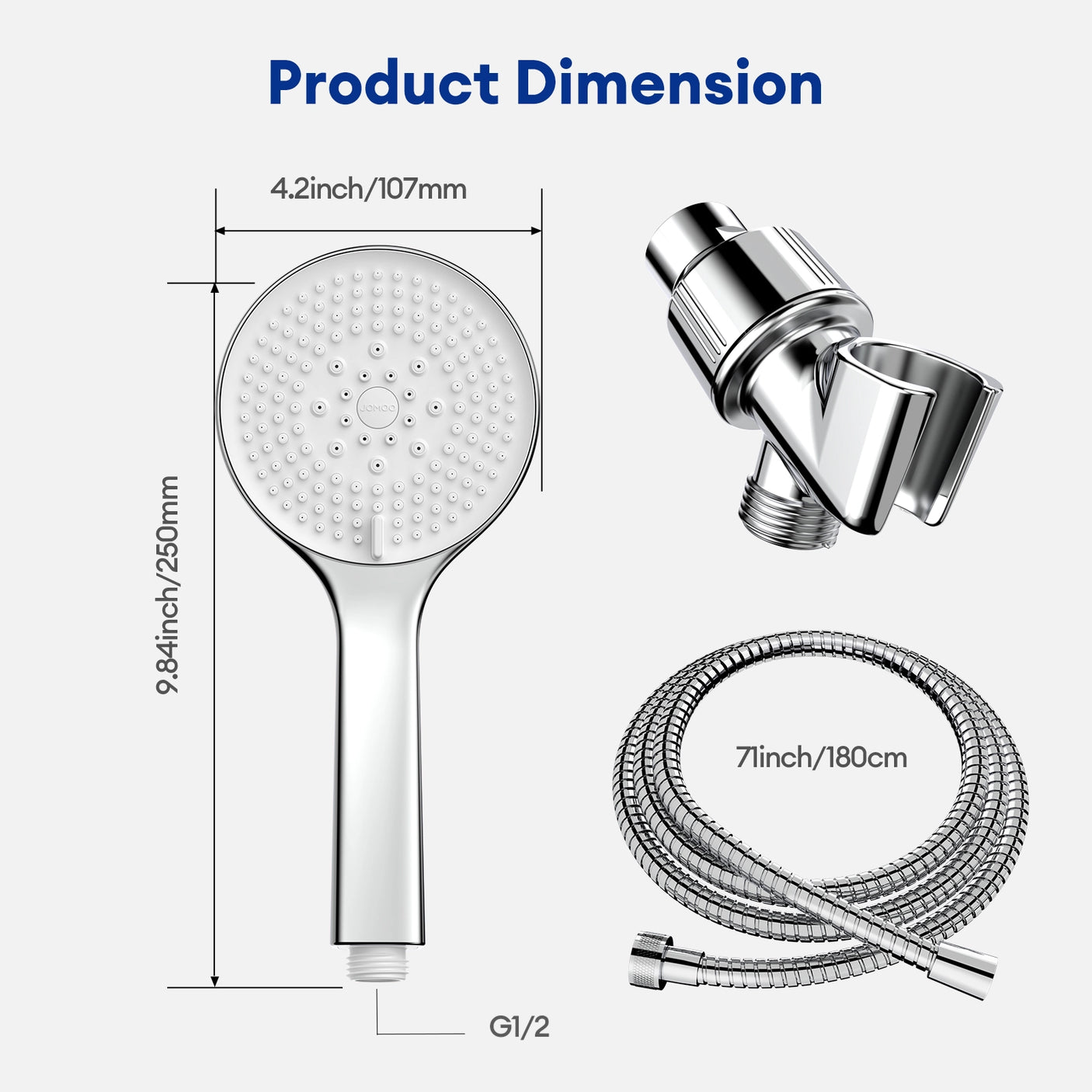 The JOMOO handheld shower head, with a 4.2-inch head and 9.84-inch length, offers 5 spray settings including a built-in power spray. It comes with a 71-inch hose and a G1/2 connector for versatile bathroom fitting. Perfect for a relaxing and customizable shower experience.
