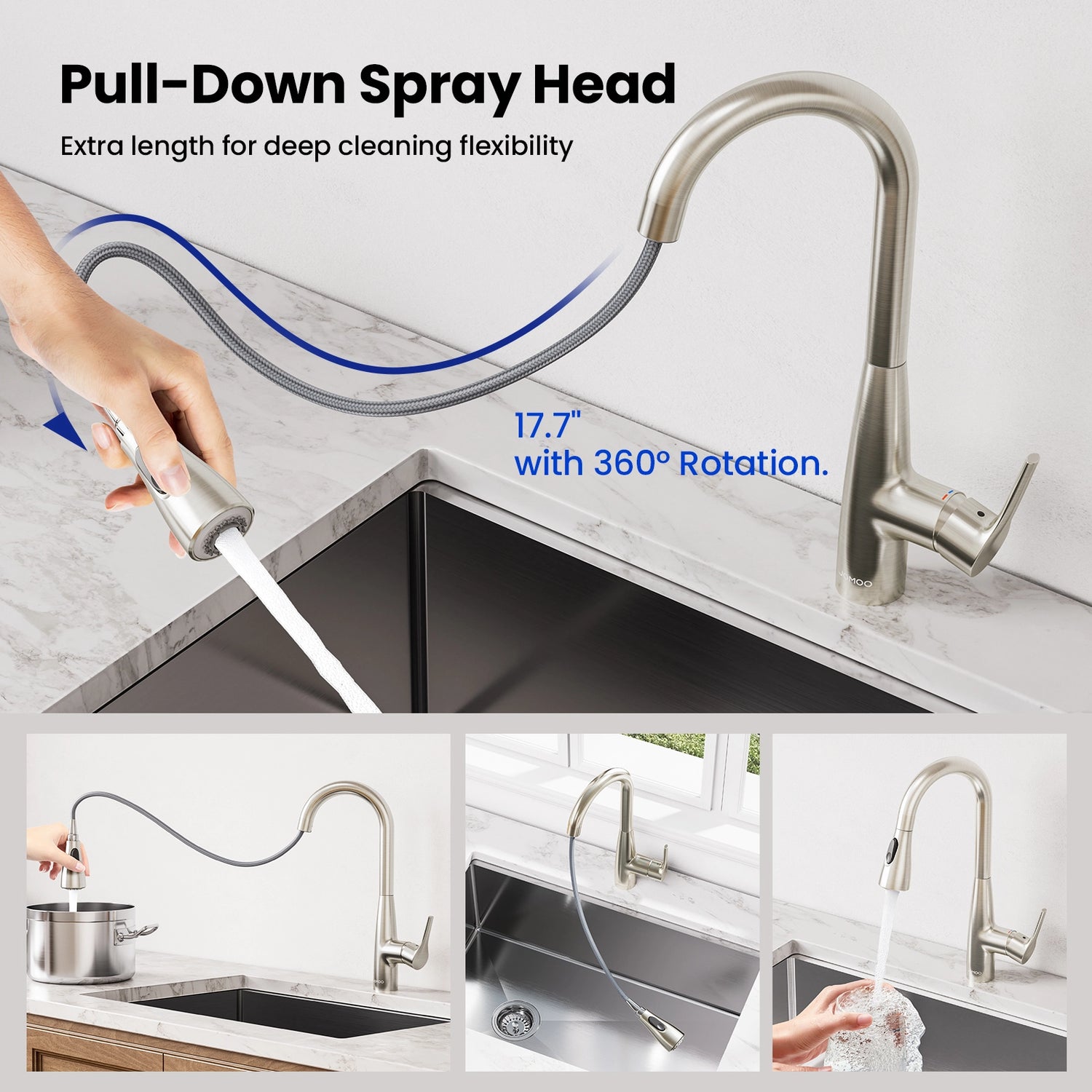 This faucet offers deep cleaning flexibility with its 17.7-inch retractable hose and 360° rotation.
