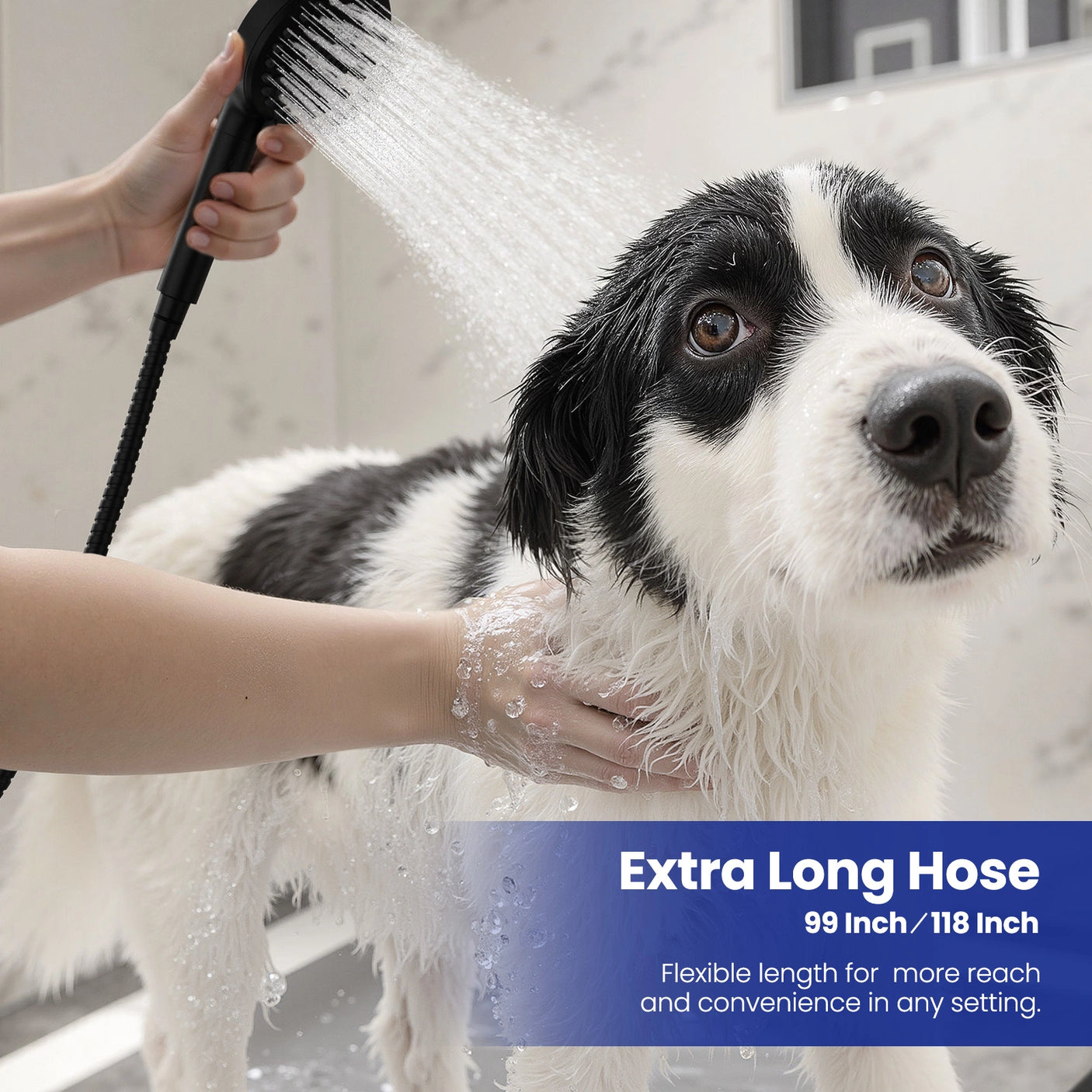 The JOMOO extra-long shower hose provides flexibility and convenience for showering, pet bathing, and caregiving with its reach and tangle-free design.