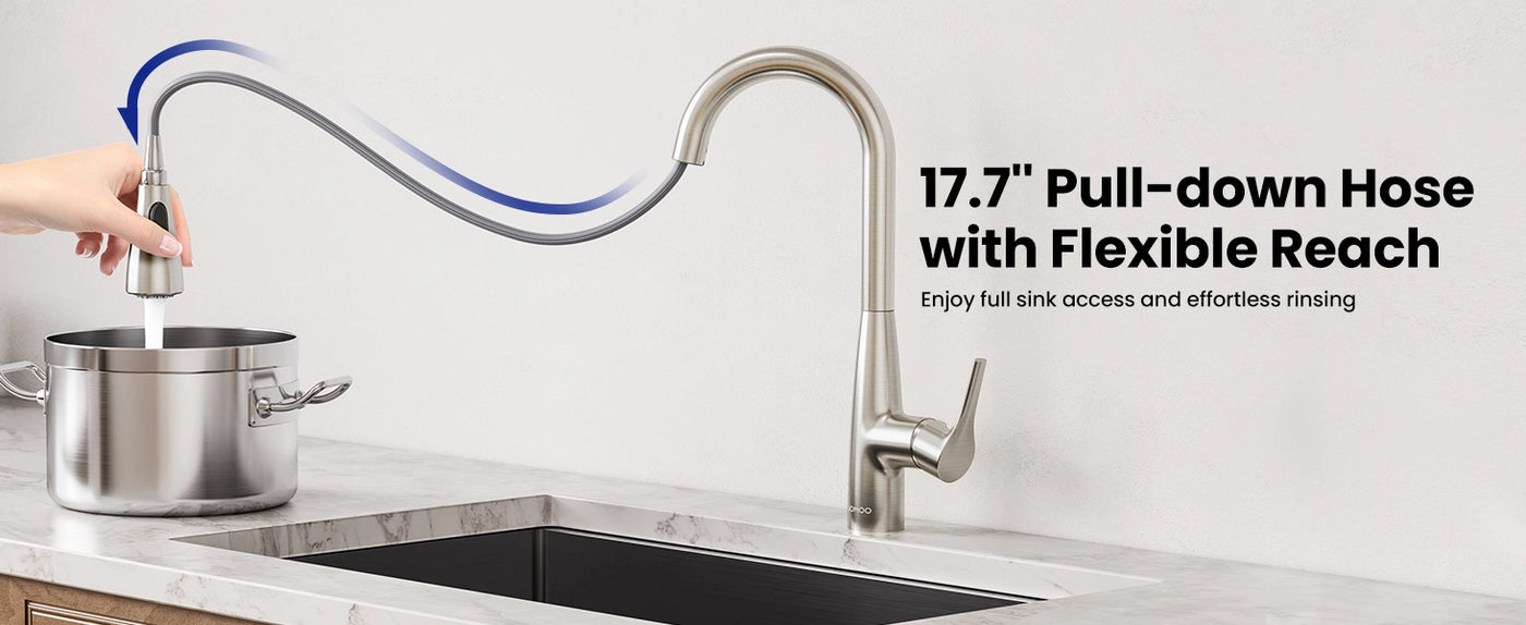 This JOMOO faucet with a 17.7-inch pull-down hose provides flexible reach for full sink access and effortless rinsing.