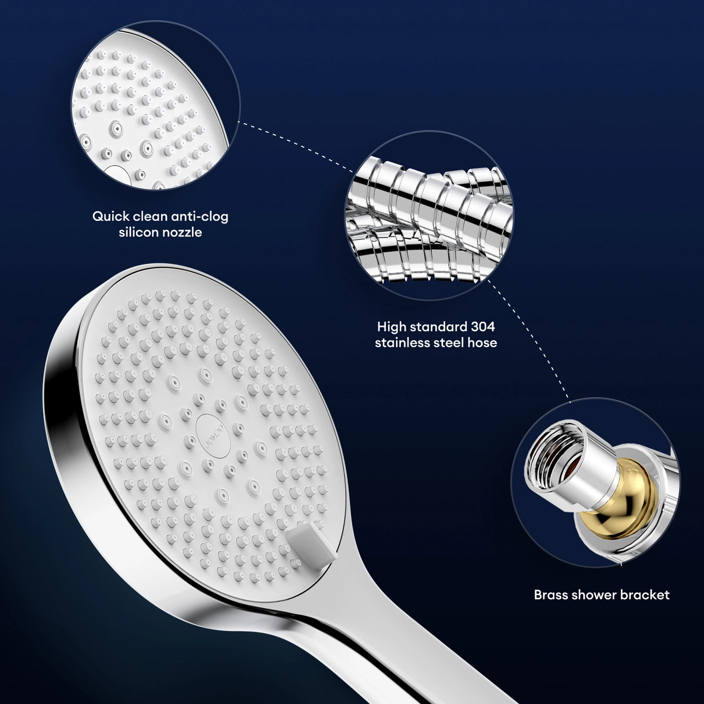 The JOMOO handheld shower head offers 5 spray settings and a built-in power spray for a luxurious shower experience. Equipped with easy-to-clean silicone nozzles, a durable brass bracket, and a high-standard 304 stainless steel hose for reliable performance and longevity.