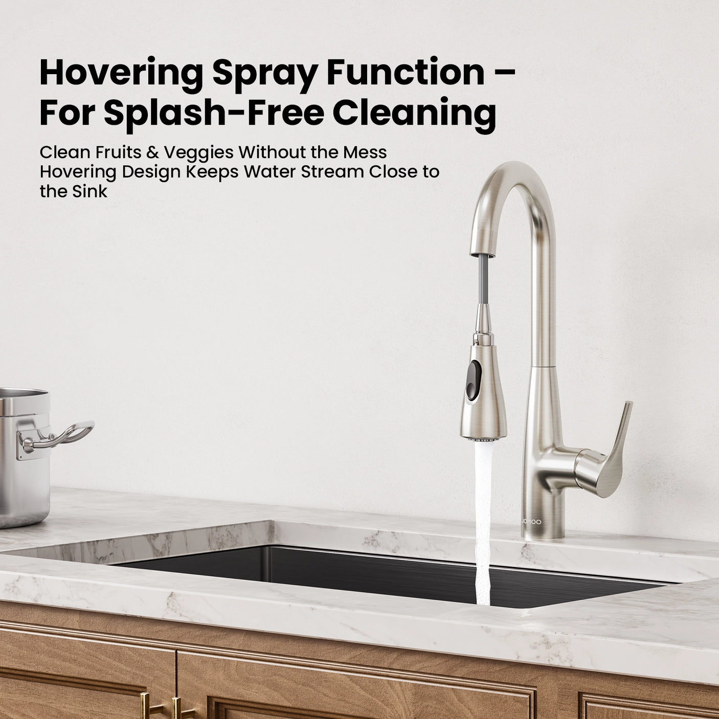 Designed for cleaning fruits and veggies without splashes, this JOMOO faucet keeps the water stream close to the sink.