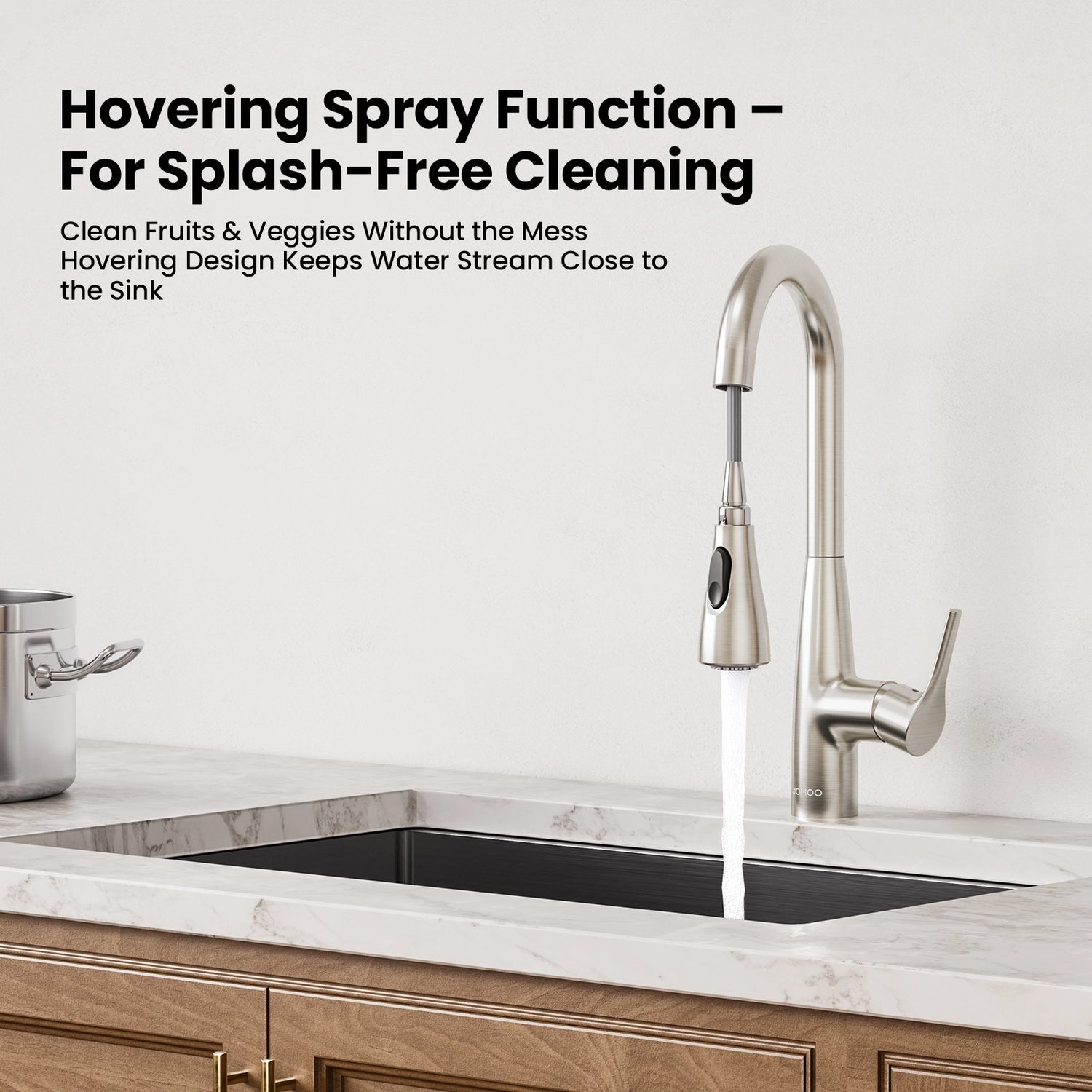 Designed for cleaning fruits and veggies without splashes, this JOMOO faucet keeps the water stream close to the sink.