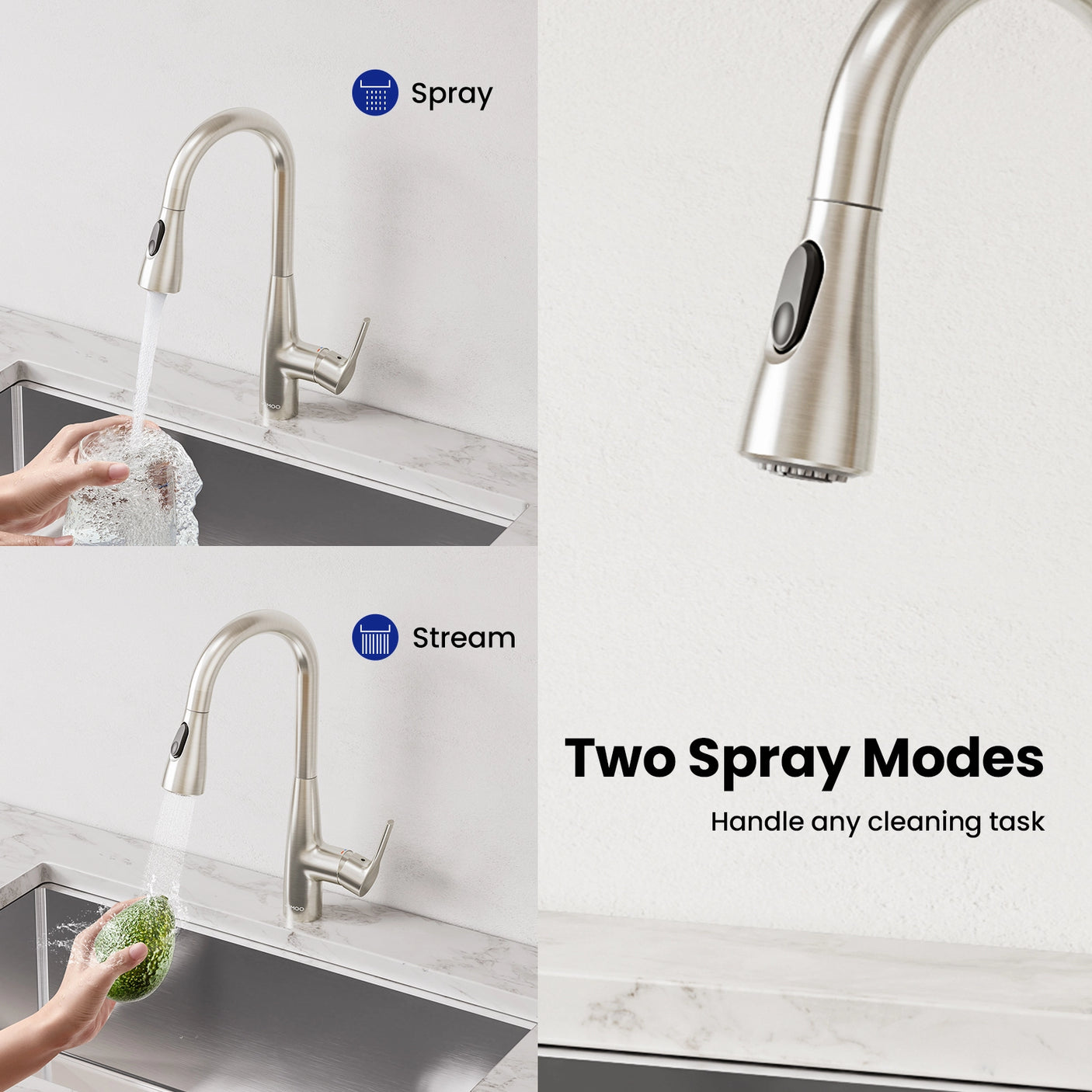 This JOMOO kitchen faucet offers two spray modes, ideal for handling any cleaning task with precision and efficiency.