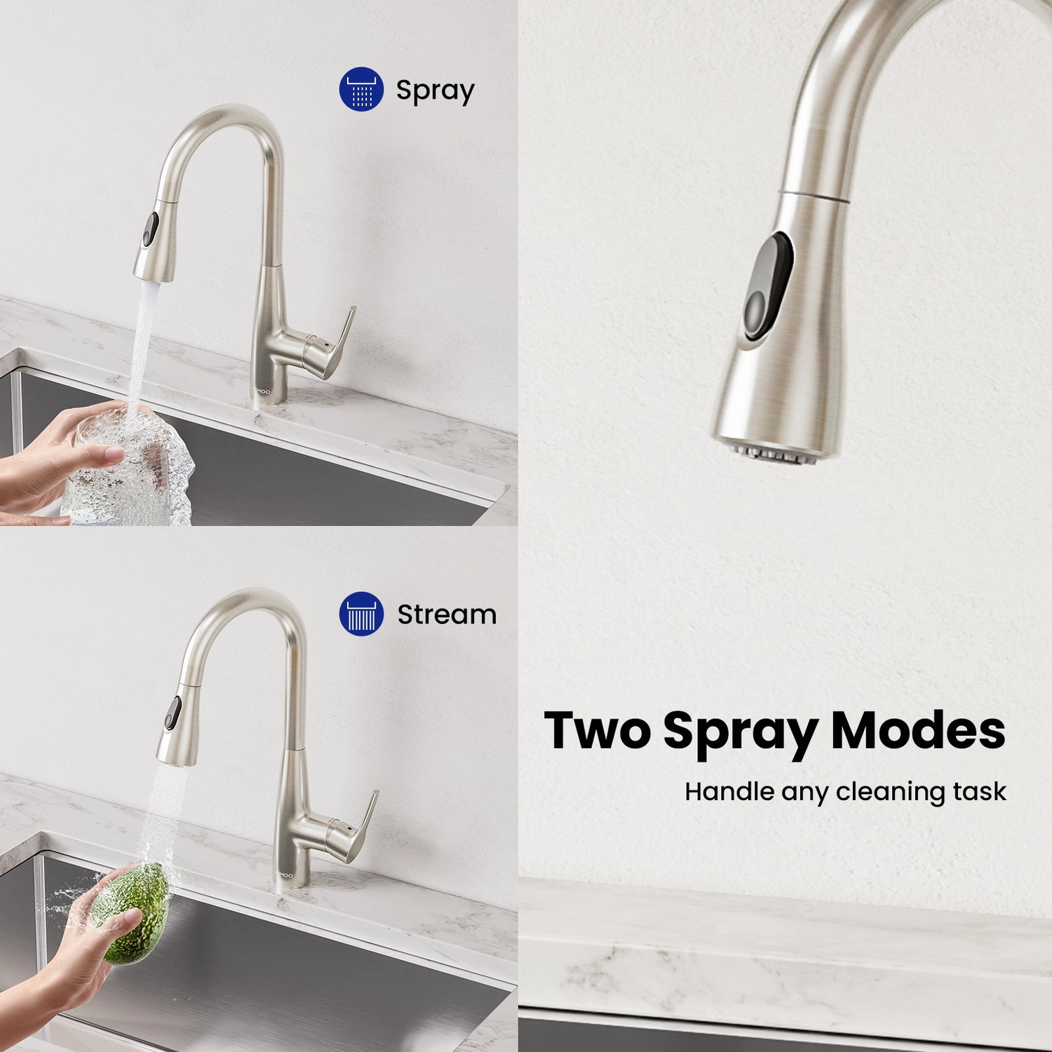 This JOMOO kitchen faucet offers two spray modes, ideal for handling any cleaning task with precision and efficiency.