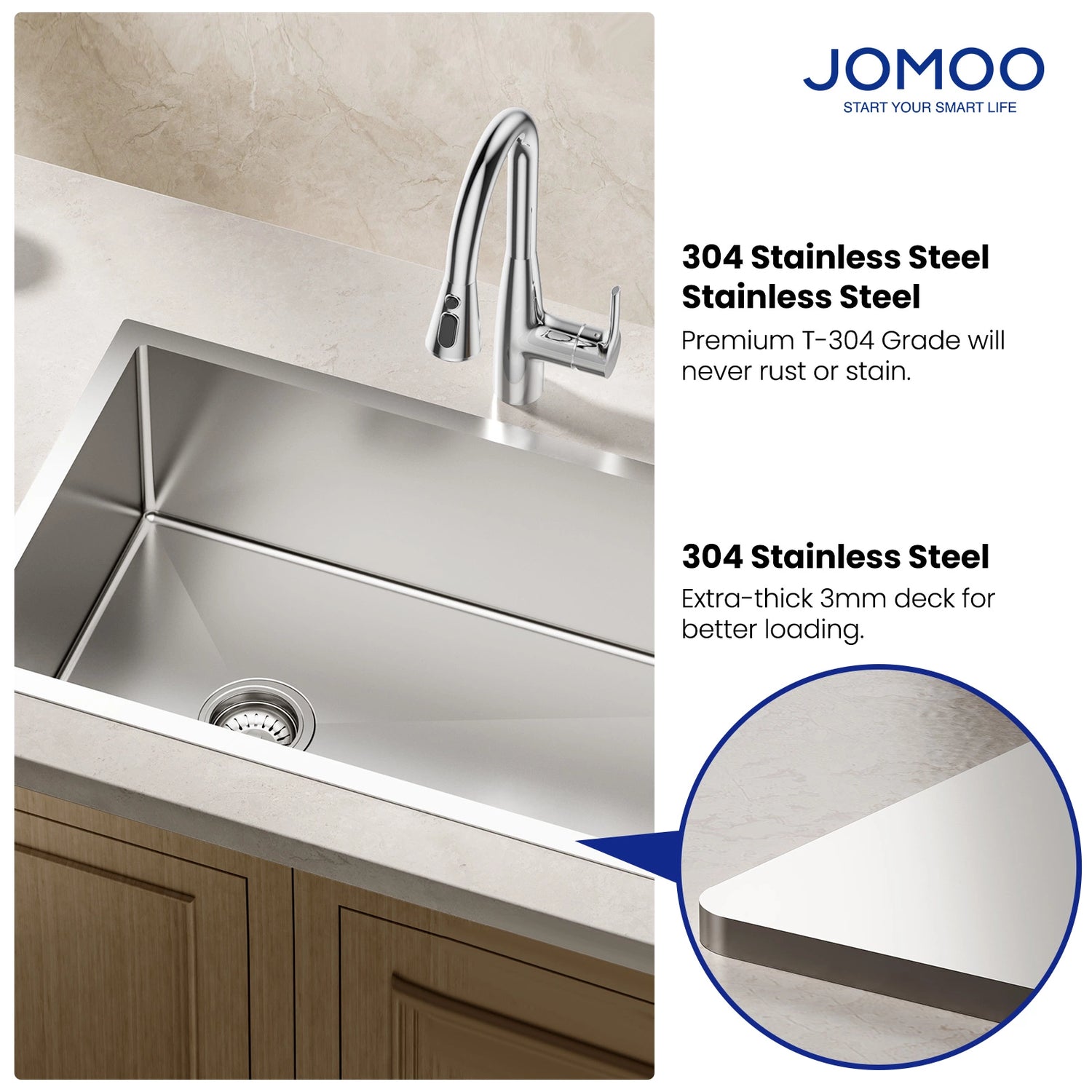 The JOMOO Kitchen Sink 30-Nano features 18-gauge stainless steel construction with a premium T-304 grade finish that resists rust and stains. Its 3mm thick deck ensures enhanced durability and loading capacity, making it ideal for any kitchen.