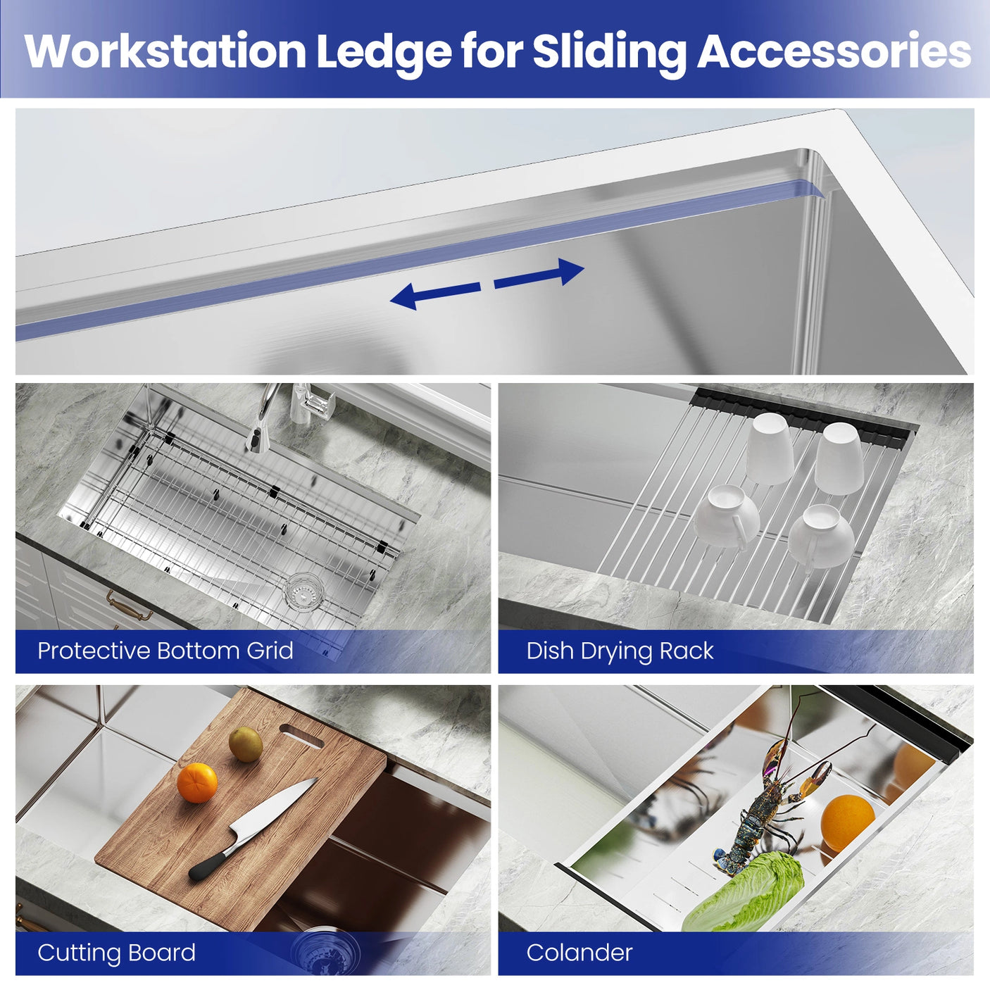 The image showcases a kitchen sink and its included accessories, highlighting the following features:Protective Bottom Grid,Dish Drying Rack, Cutting Board,Colander.
The image is titled "Accessories Included," indicating that these items come with the kitchen sink purchase, enhancing its functionality and convenience for users.