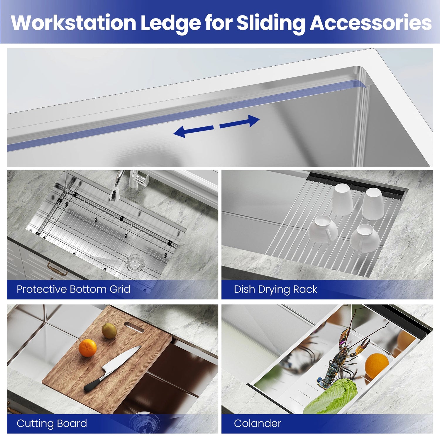 The image showcases a kitchen sink and its included accessories, highlighting the following features:Protective Bottom Grid,Dish Drying Rack, Cutting Board,Colander.
The image is titled "Accessories Included," indicating that these items come with the kitchen sink purchase, enhancing its functionality and convenience for users.