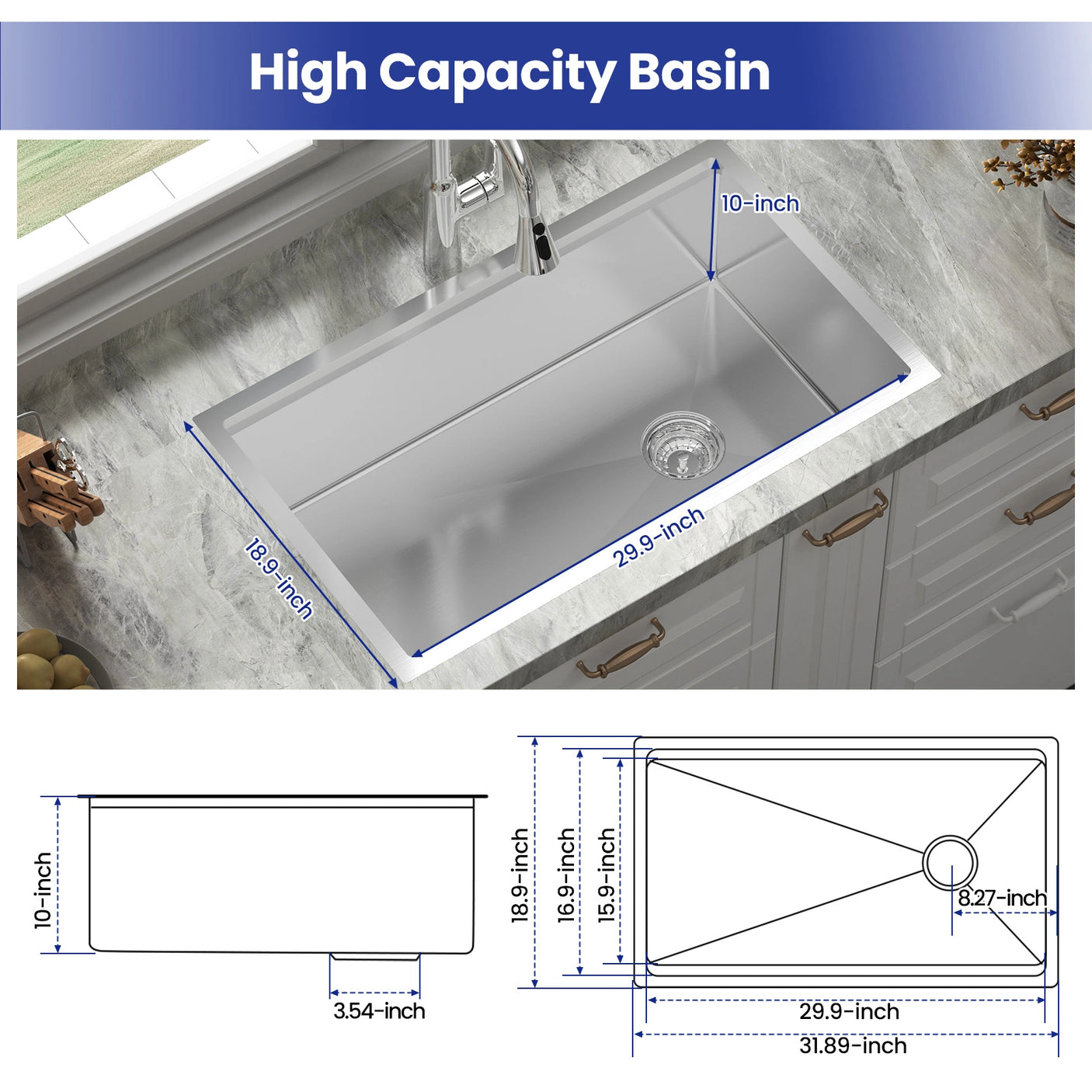 The image showcases a high-capacity kitchen sink with dimensions: 23.8in x 15.7in x 10in (610mm x 400mm x 255mm). It includes a protective grid, dish drying rack, cutting board, and colander. These accessories enhance functionality, making the sink ideal for various kitchen tasks.