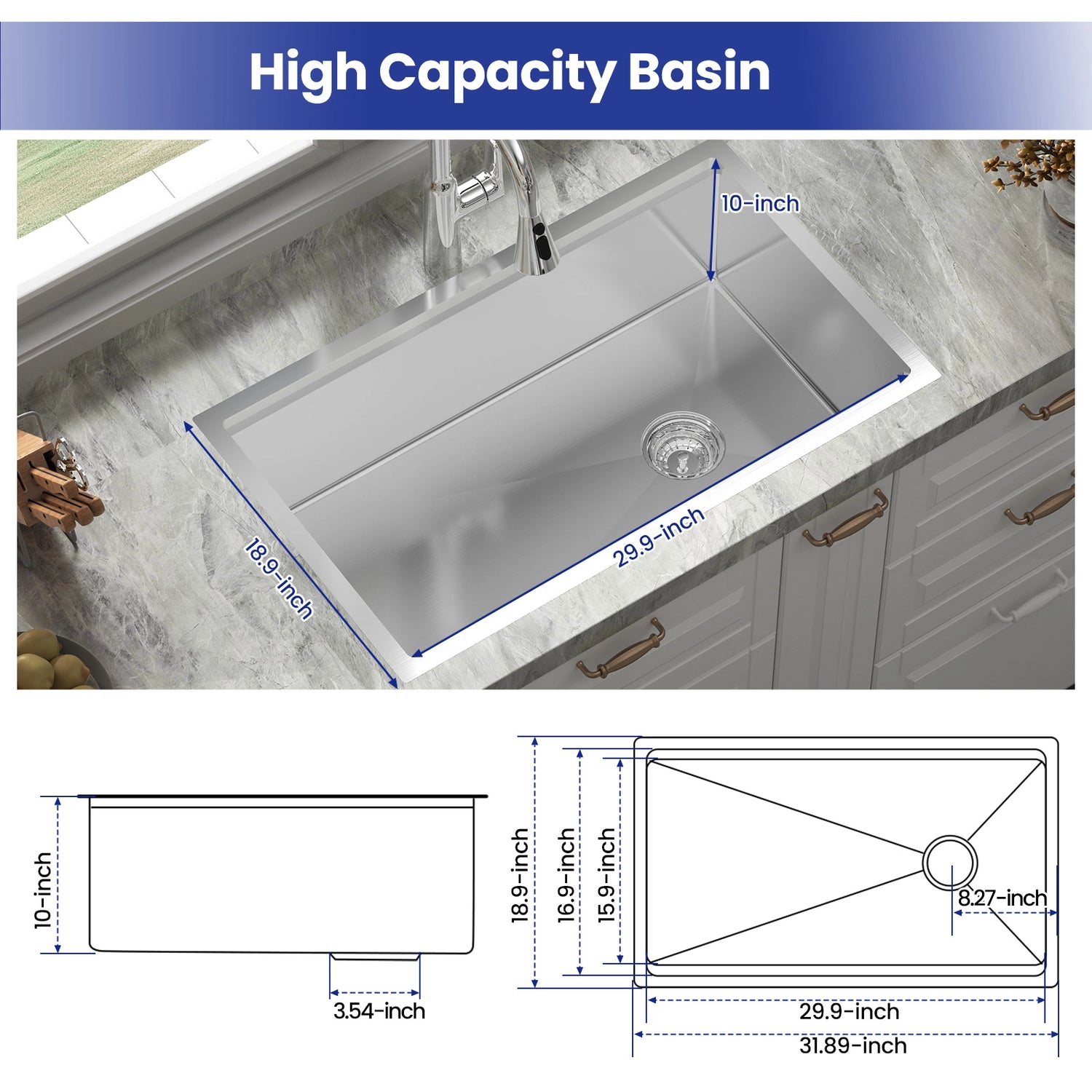 The image showcases a high-capacity kitchen sink with dimensions: 23.8in x 15.7in x 10in (610mm x 400mm x 255mm). It includes a protective grid, dish drying rack, cutting board, and colander. These accessories enhance functionality, making the sink ideal for various kitchen tasks.