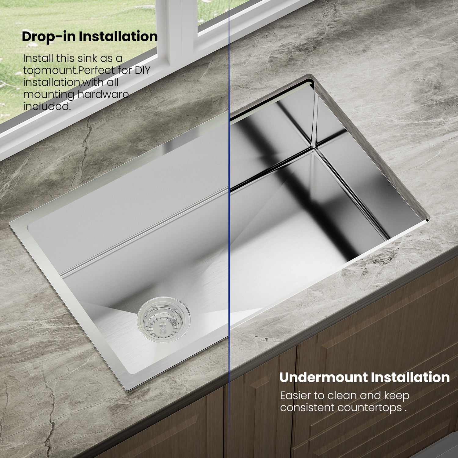 The image presents two kitchen sink installation options: Drop-in and Undermount. Drop-in is ideal for DIY, with all hardware included. Undermount offers easier cleaning and consistent countertops.
