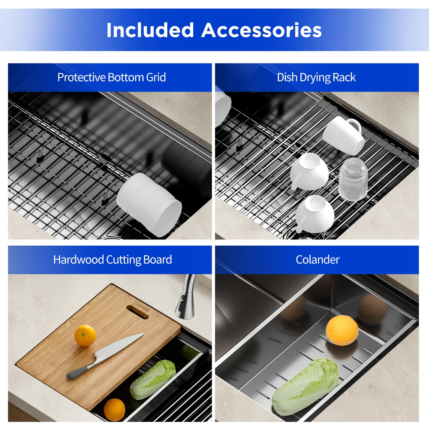 This JOMOO kitchen sink features a nano-coated stainless steel design for durability and easy cleaning. Includes protective grid, dish drying rack, hardwood cutting board, and colander for versatile kitchen tasks.