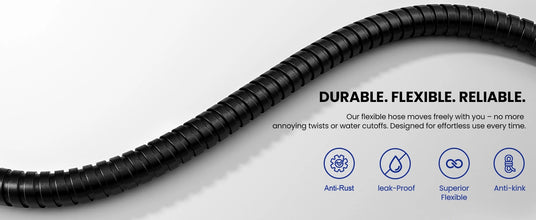 The JOMOO matte black shower hose blends durability with style, featuring anti-rust, leak-proof, and anti-kink technology for reliable performance. Its flexible design ensures tangle-free movement and consistent water flow.