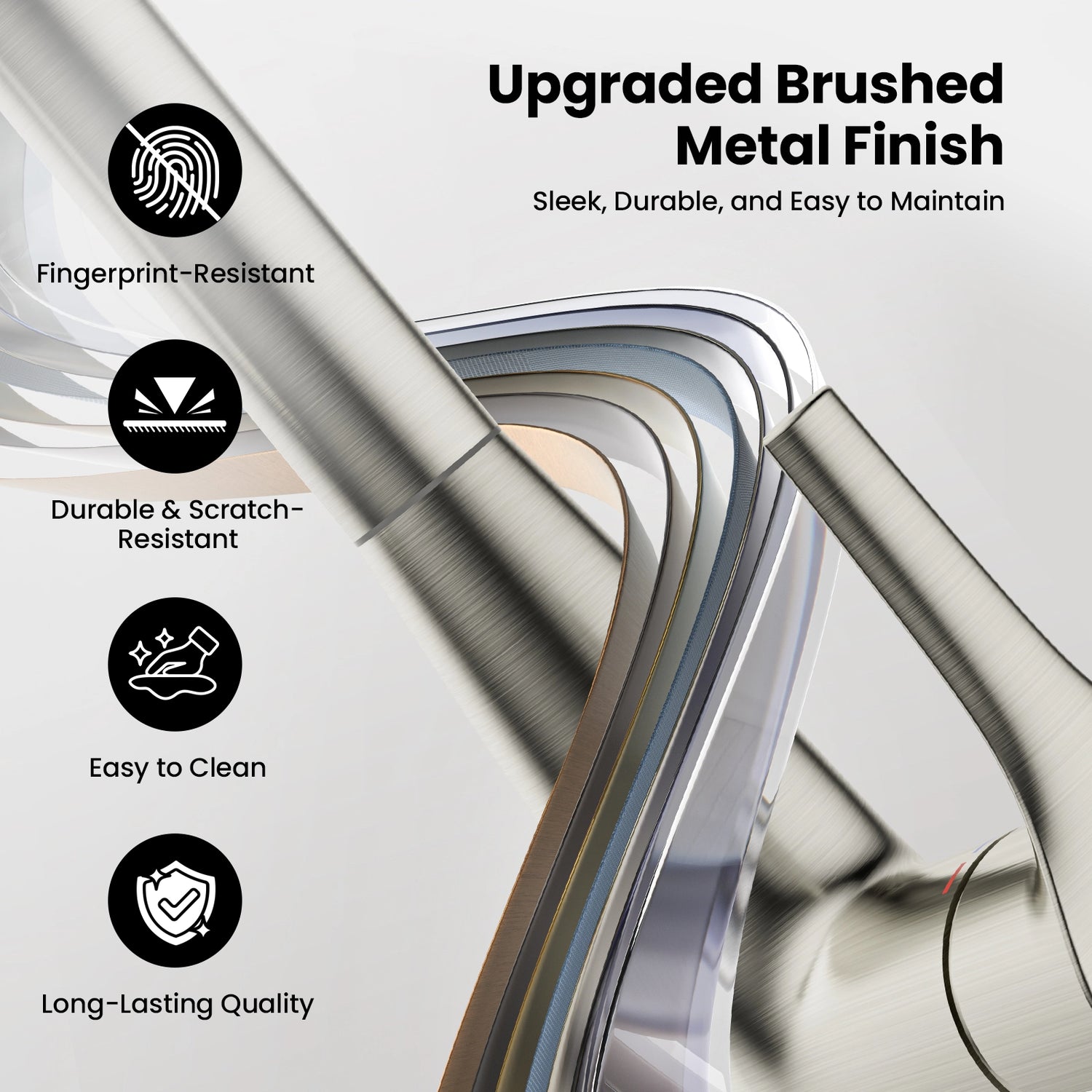 This faucet features an upgraded brushed metal finish that's fingerprint-resistant, durable, scratch-resistant, and easy to clean, ensuring long-lasting quality.