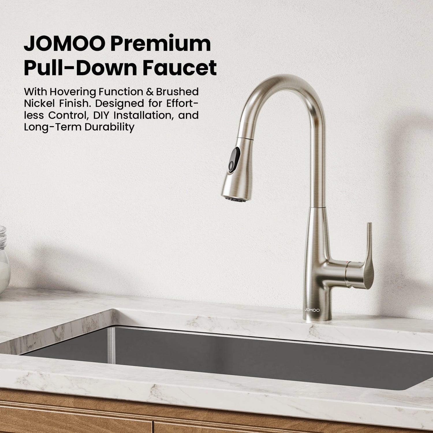 This sleek faucet offers a pull-down sprayer with dual spray modes and a convenient hovering function. Its fingerprint-resistant finish and durable construction ensure both style and long-term reliability.