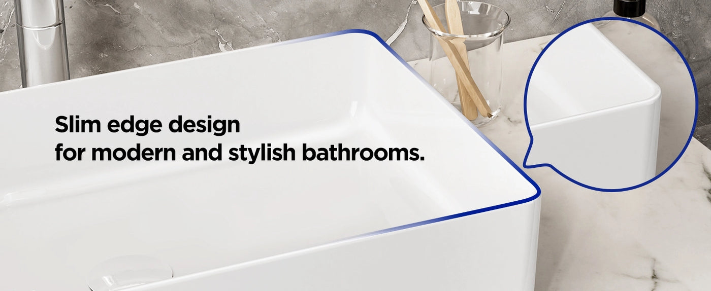 The JOMOO 22.44" rectangular ceramic sink features a slim edge design, perfect for contemporary bathrooms. Its deep basin and anti-fouling glaze offer practicality and easy maintenance, while the sleek look enhances the bathroom's modern aesthetic.