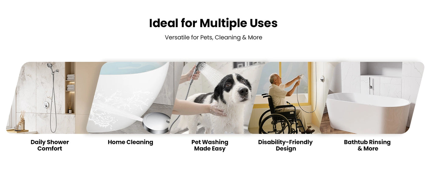 The JOMOO shower hose is designed for multiple uses, including daily showers, home cleaning, pet washing, and disability-friendly support. Its extra-long reach and flexible design make it versatile for various bathroom needs.