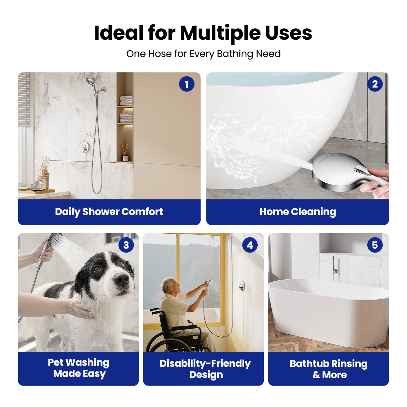 A collage demonstrating the hose’s versatility for daily showering, home cleaning, pet washing, accessibility use, and bathtub rinsing. The flexible, durable design ensures convenience and adaptability for various household needs.