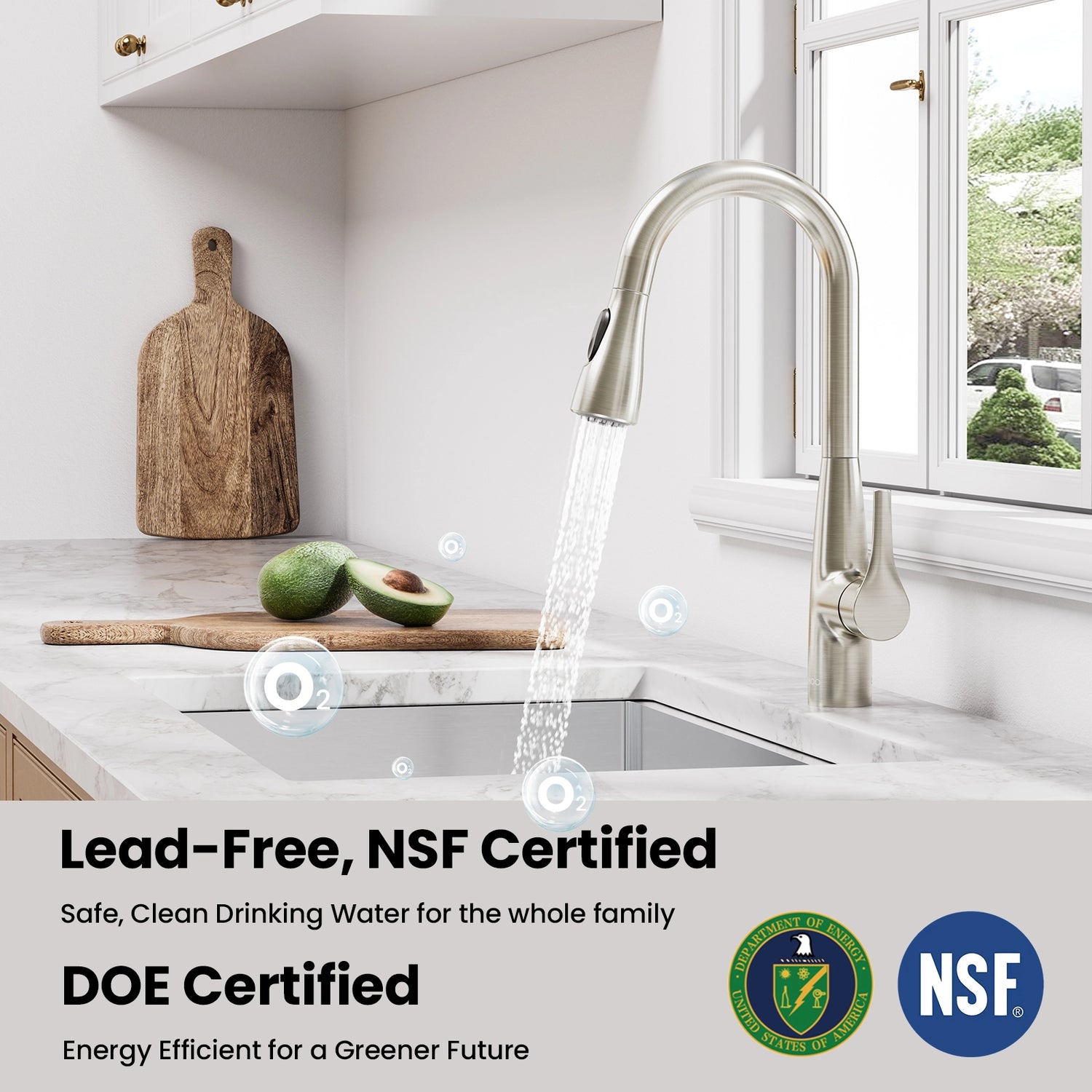 This NSF and DOE certified faucet ensures safe, clean drinking water for your family, with energy-efficient performance for a greener future.