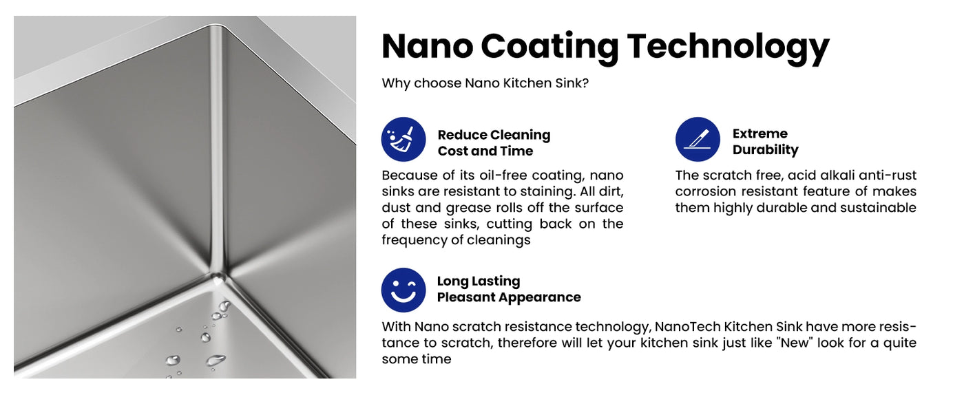 JOMOO Nano Kitchen Sinks reduce cleaning time and cost with oil-free coating, provide extreme durability against scratches and corrosion, and maintain a long-lasting, pleasant appearance.