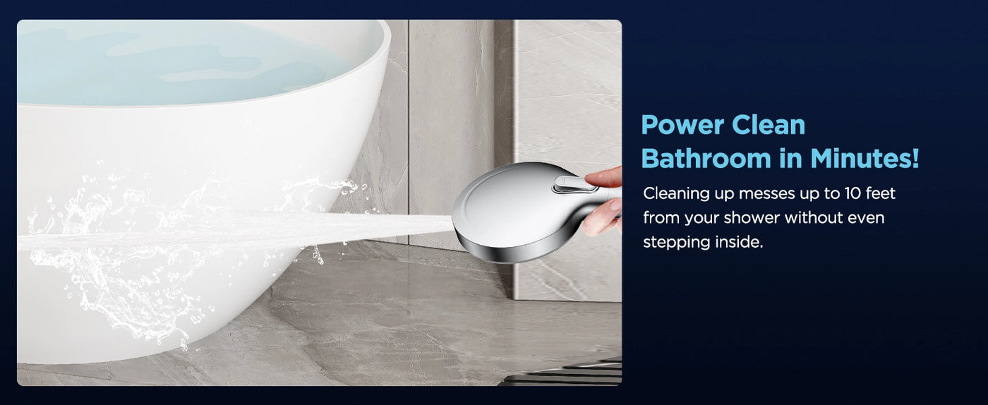 The image demonstrates the cleaning capabilities of the JOMOO 10-Function handheld shower set, featuring its power wash function. It shows how the set can clean up to 10 feet away from the shower, allowing users to tidy their bathroom quickly without stepping into the tub. This highlights the shower set's utility in maintaining bathroom cleanliness with minimal effort.