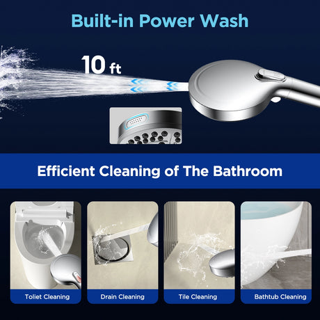 The image showcases the JOMOO 10-Function handheld shower set, highlighting its built-in power wash feature with a 10 ft hose. It demonstrates the shower's versatility in cleaning various bathroom areas such as toilets, drains, tiles, and bathtubs efficiently. The design is sleek, with a focus on practicality and powerful cleaning capabilities.