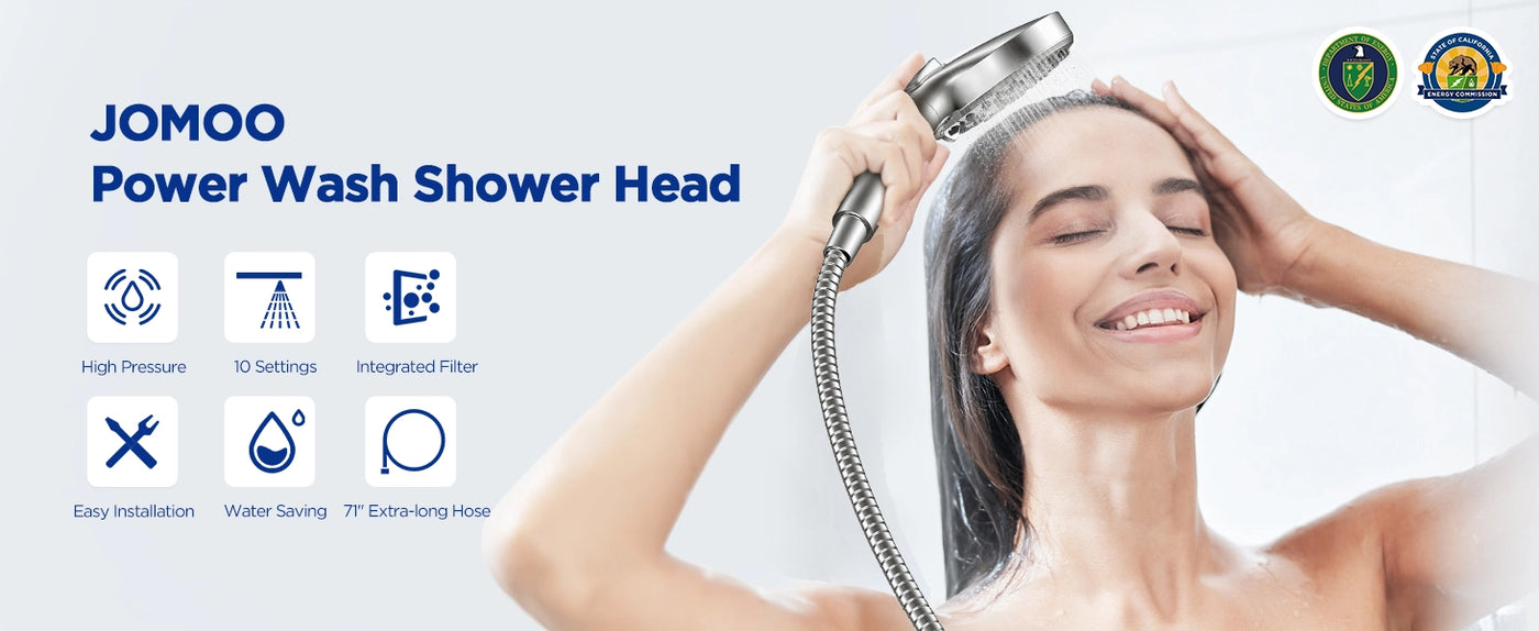 The image highlights the JOMOO Power Wash Shower Head, emphasizing its high-pressure water flow and 10 adjustable settings for a personalized shower experience. It showcases the integrated filter for clean water, easy installation process, water-saving features, and the convenience of a 71" extra-long hose. A woman is depicted enjoying the shower, illustrating the product's use and benefits.