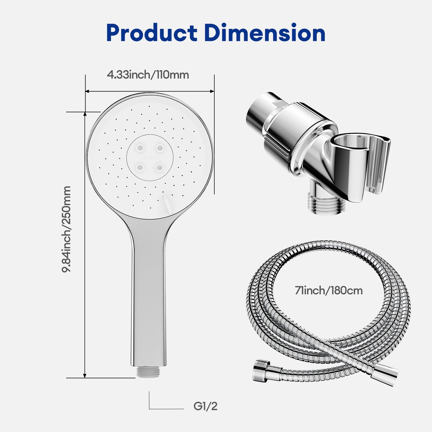 The JOMOO shower head, with dimensions of 4.33 inches in diameter and 9.84 inches in length, includes a 71-inch hose and G1/2 connector. It offers three spray functions and an adjustable bracket, ensuring a comfortable and customizable shower experience.