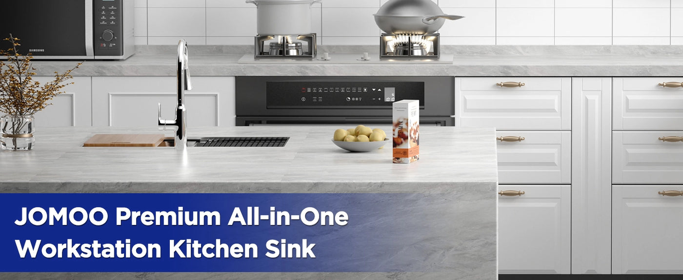 Discover the JOMOO 32" Stainless Steel Workstation Kitchen Sink, crafted for durability and convenience. Featuring a premium all-in-one design with built-in tracks, superior drainage, and noise-reducing pads, it’s perfect for modern kitchens seeking style and functionality.