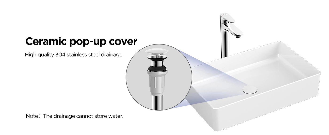 The JOMOO 22.44" rectangular ceramic vessel sink features a ceramic pop-up cover and high-quality 304 stainless steel drainage. Its deep basin and splash-proof design ensure functionality, while the sleek look complements modern bathroom styles.