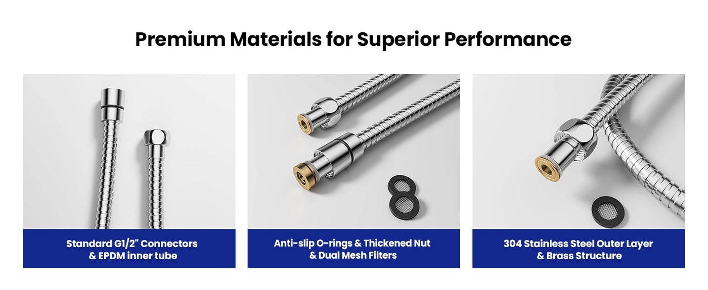 The JOMOO shower hose combines standard G1/2" connectors with an EPDM inner tube, anti-slip O-rings, thickened brass nuts, dual mesh filters, and a 304 stainless steel outer layer for superior durability and performance. Its premium materials ensure leak-proof, tangle-free operation with enhanced water filtration and corrosion resistance.