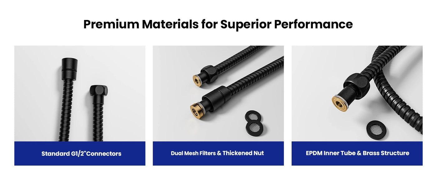 The JOMOO shower hose uses high-quality materials like standard G1/2" connectors, dual mesh filters, a thickened brass nut, EPDM inner tube, and brass structure for enhanced durability and performance. Designed for leak-proof and tangle-free operation.