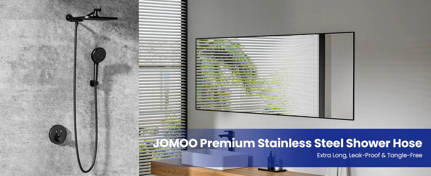 The JOMOO premium stainless steel shower hose offers an elegant, modern design with extra length, leak-proof technology, and tangle-free flexibility to enhance your bathroom experience.