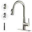 This sleek JOMOO kitchen faucet features a pull-down sprayer with dual spray modes and a hover function for convenient, hands-free operation. Its modern brushed nickel finish resists fingerprints and complements contemporary kitchen designs.
