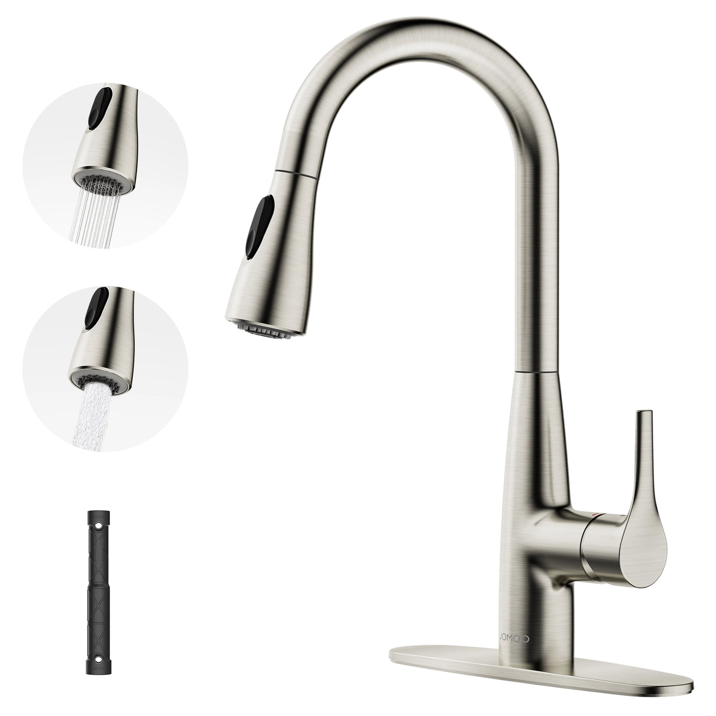 This sleek JOMOO kitchen faucet features a pull-down sprayer with dual spray modes and a hover function for convenient, hands-free operation. Its modern brushed nickel finish resists fingerprints and complements contemporary kitchen designs.