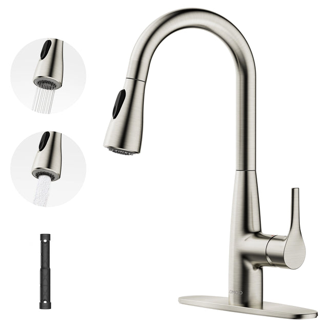 This sleek JOMOO kitchen faucet features a pull-down sprayer with dual spray modes and a hover function for convenient, hands-free operation. Its modern brushed nickel finish resists fingerprints and complements contemporary kitchen designs.