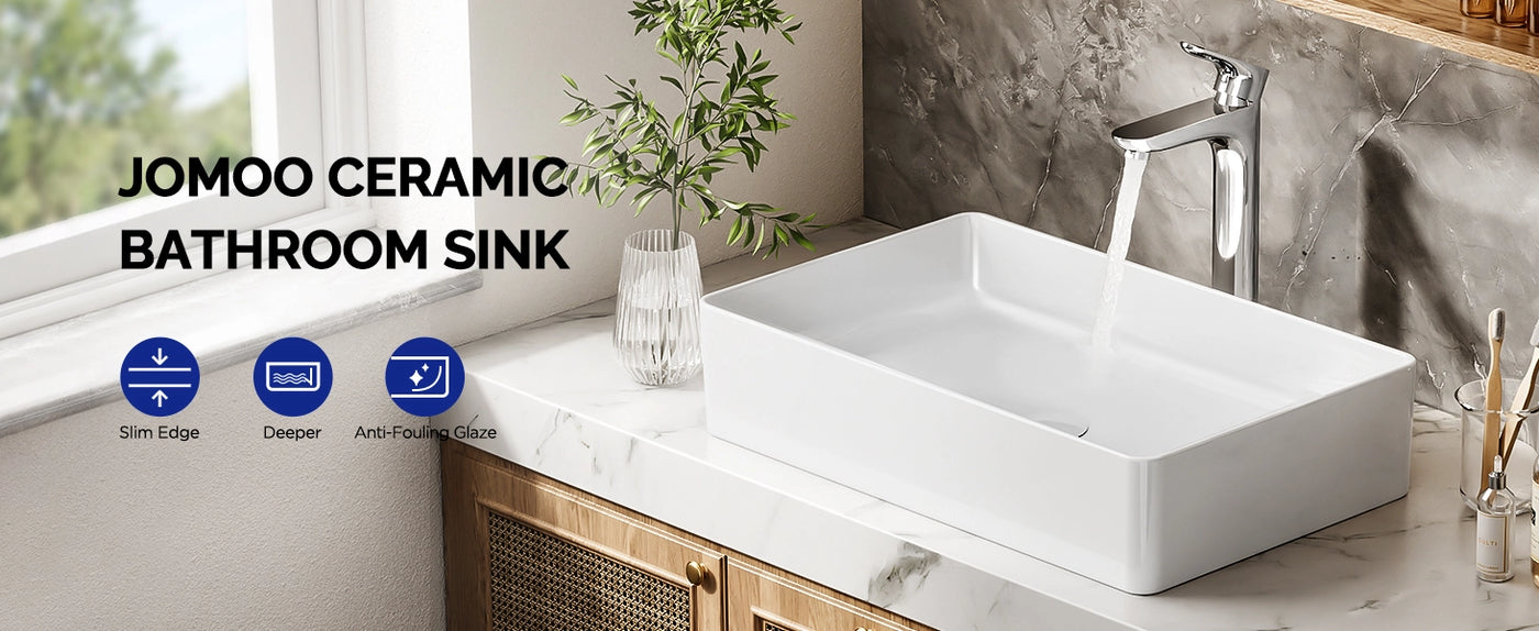 The JOMOO ceramic vessel sink features a sleek slim edge design, deeper basin, and anti-fouling glaze for easy maintenance. This elegant bathroom sink combines functionality with style, offering a modern and luxurious look to any bathroom decor.