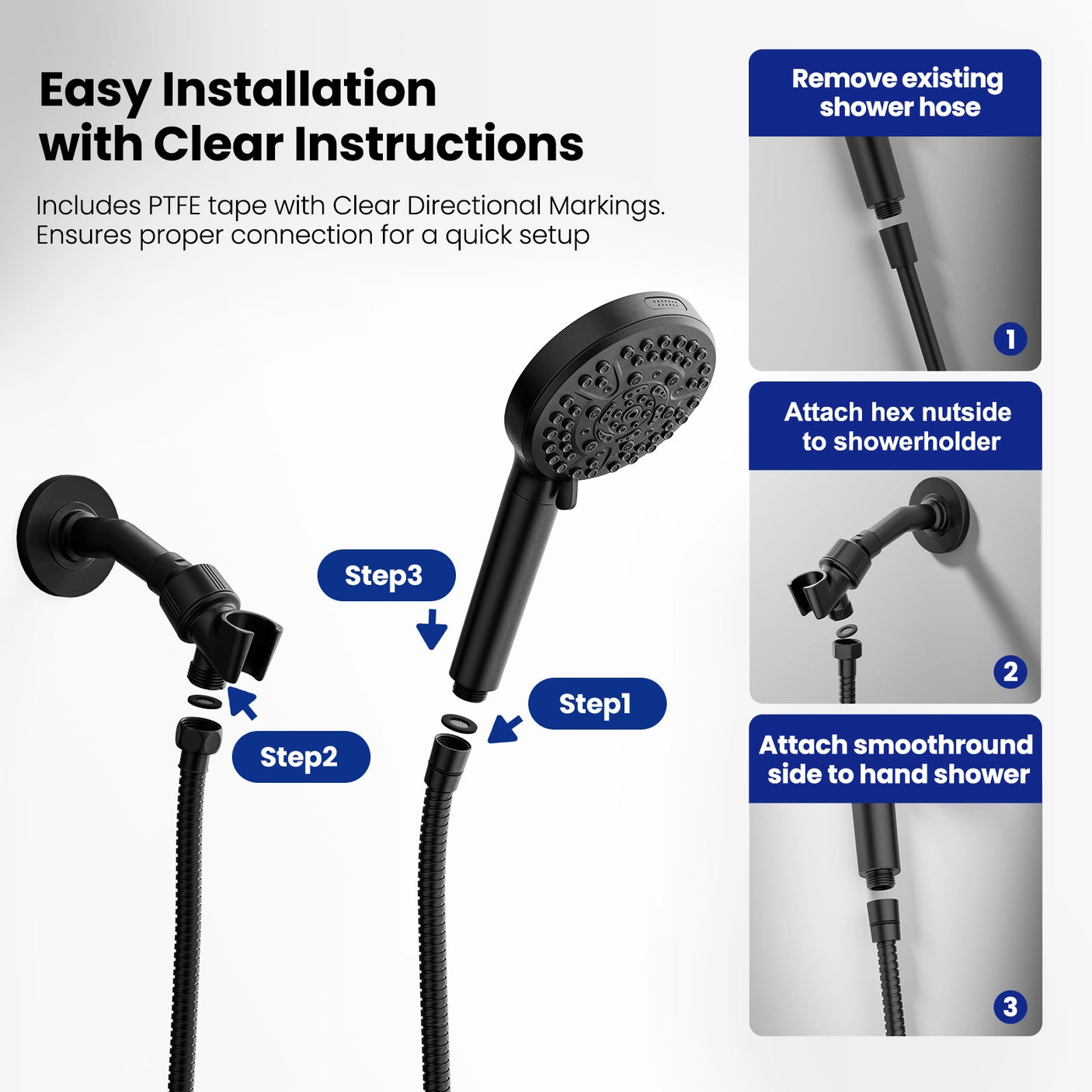 The JOMOO shower hose comes with PTFE tape and clear directional markings for easy installation. It features a G1/2 standard connection compatible with most handheld showerheads and fixtures, ensuring a quick setup.