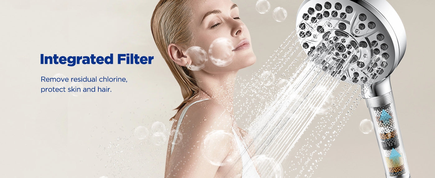 The image features the JOMOO 10-Function handheld shower set, emphasizing its integrated filter that removes residual chlorine to protect skin and hair.