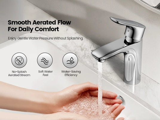 JOMOO Single Handle Bathroom Faucet features a smooth aerated stream for daily comfort (32775-556/1B-ID11)