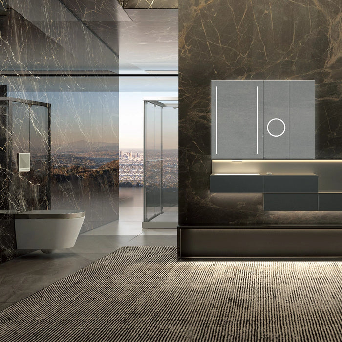 A sleek JOMOO smart toilet and minimalist basin gleam under soft lighting in a modern white-tiled bathroom.