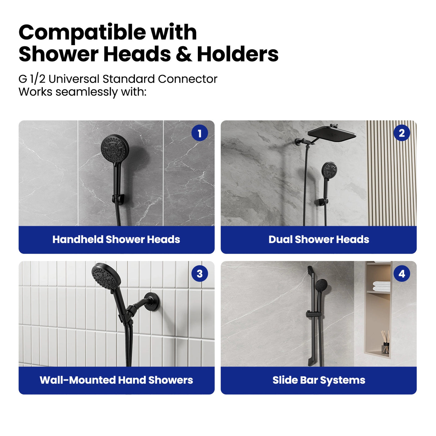 This JOMOO shower hose with G1/2 universal standard connector works seamlessly with handheld shower heads, dual shower heads, wall-mounted hand showers, and slide bar systems, ensuring easy installation and compatibility.