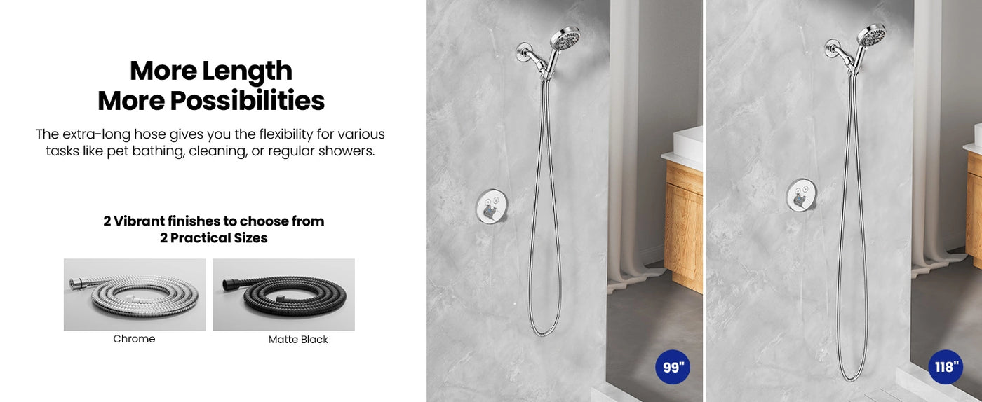 The JOMOO extra-long shower hose offers 99” and 118” lengths with chrome or matte black finishes for versatile use in pet bathing, cleaning, and regular showers. Its flexible design ensures adaptability to various bathroom needs while enhancing functionality.