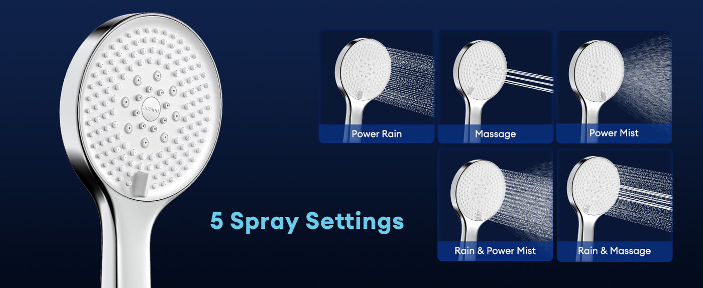 The JOMOO shower head offers five distinct spray settings, including Power Rain, Massage, Power Mist, Rain & Power Mist, and Rain & Massage. This high-pressure handheld option provides a customizable and rejuvenating shower experience for all preferences.