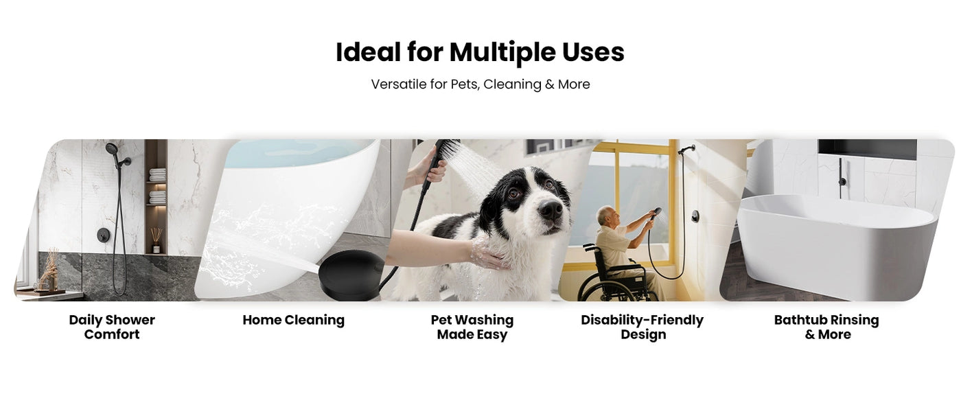 The JOMOO shower hose is perfect for daily showers, home cleaning, pet washing, and disability-friendly use. Its extra-long design and flexible features make it ideal for various bathroom tasks.