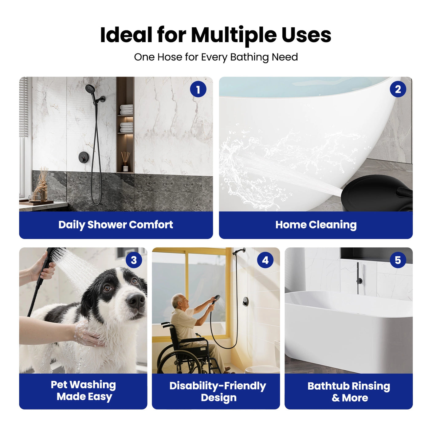 This versatile JOMOO shower hose meets various bathing needs, from daily showers and home cleaning to pet washing and disability-friendly care, offering convenience in multiple settings.