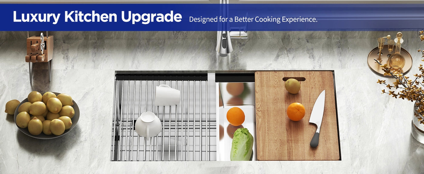 Elevate your cooking experience with this luxury kitchen sink. Designed for convenience and style, it combines a workstation sink with a cutting board and drying rack. Made from durable stainless steel, it offers superior drainage and a quiet, comfortable design for your modern kitchen.