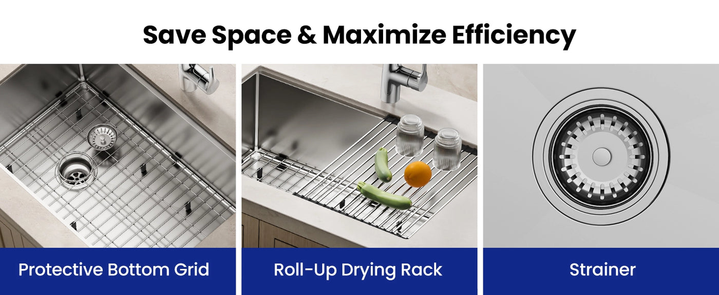 Discover a space-saving kitchen sink designed to maximize efficiency with a protective bottom grid, roll-up drying rack, and strainer, perfect for modern kitchens.